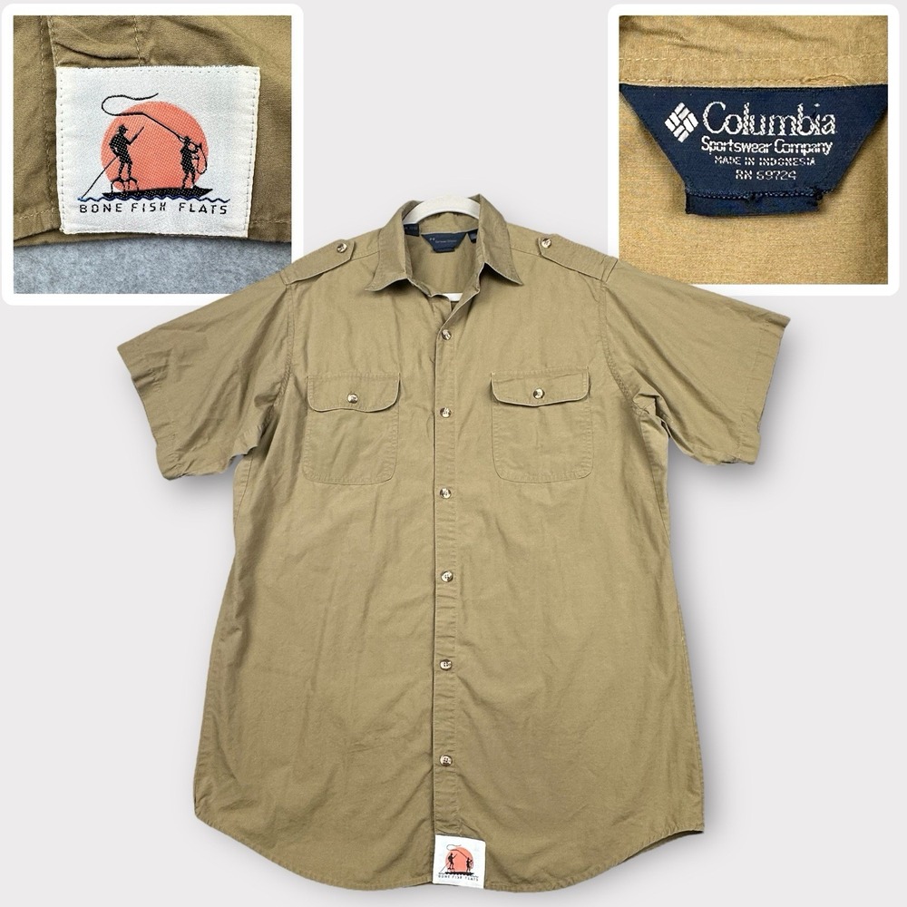 VTG Columbia Shirt Mens M Khaki Fly Fishing Bone Fish Flats Radial SS Epaulets